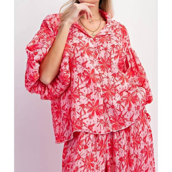 NEW EASEL crinkled top in hot pink & red - Picture 1 of 3